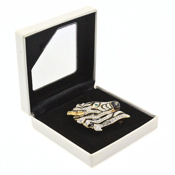 Splendid Swarovski Signed Zebra Head Gold Tone Encrusted Crystal Brooch - Picture 7 of 10